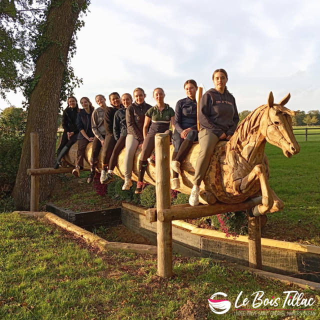 Elèves de STAV assis sur un des obstacles du Mondial du Lion en forme de cheval